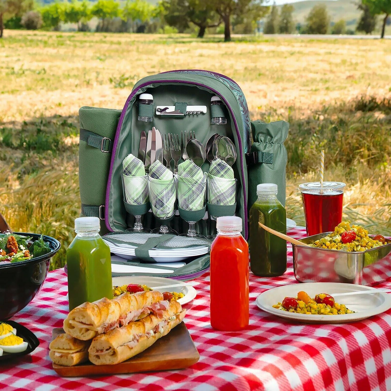 Picnic Set With Cutlery Kit Cooler Compartment Blanket For 4 People