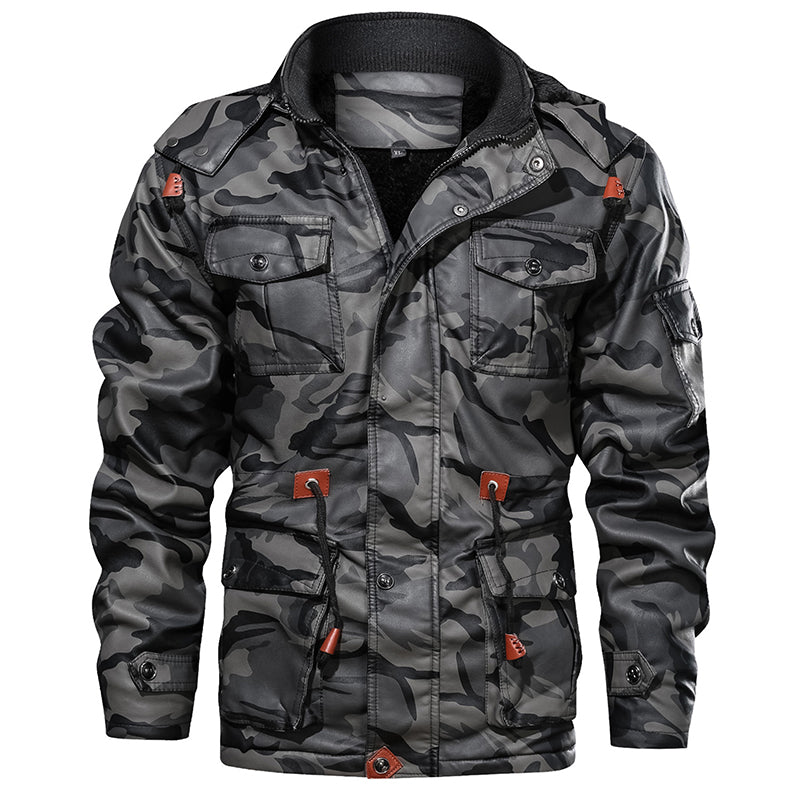 Men's Military Style Hooded Leather Jacket