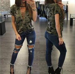 Women Camo V-Neck T-Shirt