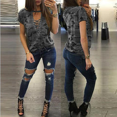 Women Camo V-Neck T-Shirt